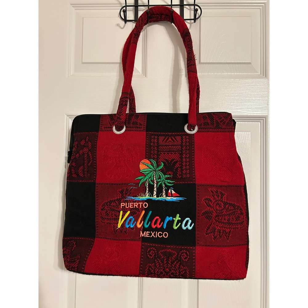 Puerto Vallarta Mexico Souvenir Woven Tapestry Tote Bag Red Black Aztec Print